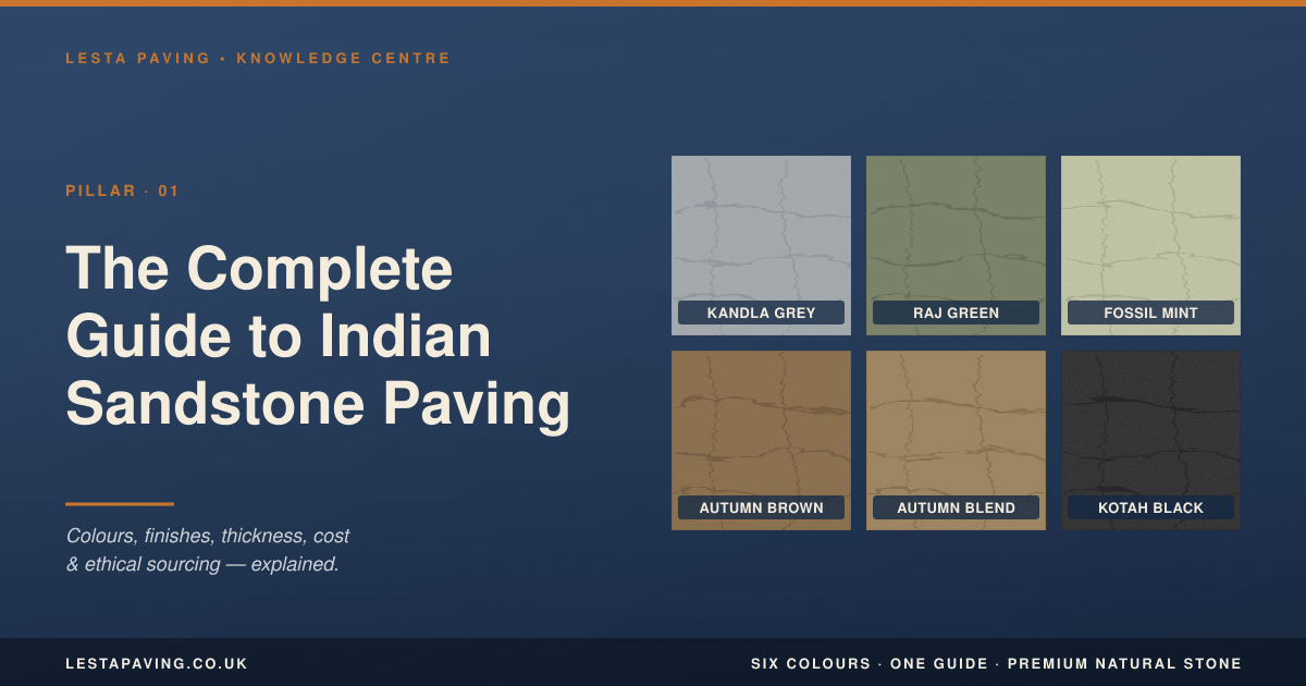 Indian sandstone patio in Kandla Grey laid in a four-size random pattern with hand-cut edges